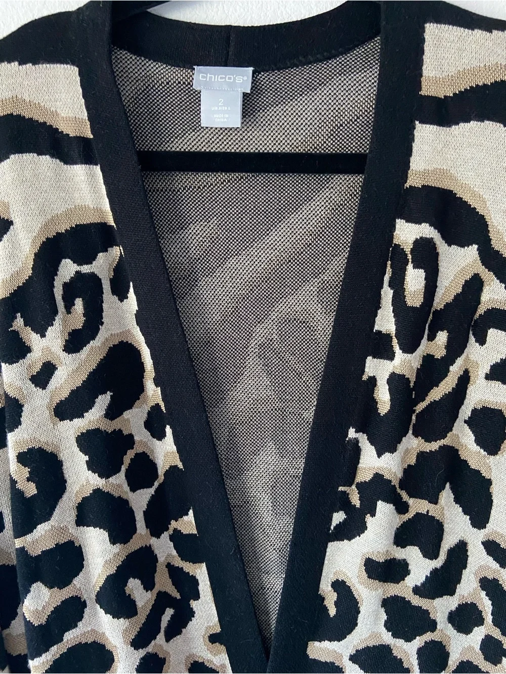 Chico’s Animal Print Open Front Long Cardigan Sweater Size 2 (US L) Black Beige